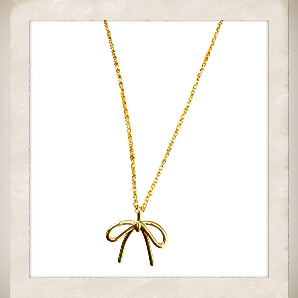 Dainty Minimalist Gold Ribbon Bow Pendant‎ Necklace, 21” Long, Handmade